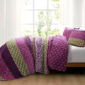 Lush Decor Bohemian Bloom Reversible Cotton Quilt Set, 3 Piece Set King, Plum - Striped Bedding Set - Floral Quilt King Size - Purple Bedding - Boho Decor