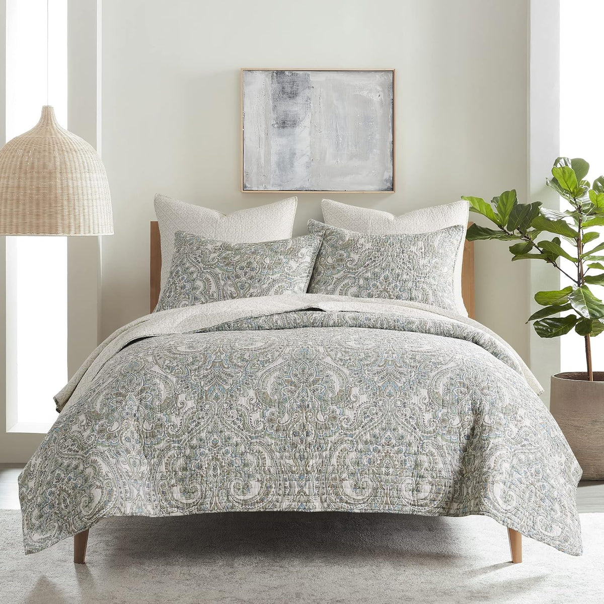 Levtex Home - Assisi Quilt Set - Twin/Twin XL Quilt and One Standard Sham - Regal Floral- Cream, Green, Blue and Taupe - Quilt (68x86in.) and Sham (20x26in.) - Reversible - Cotton/Cotton
