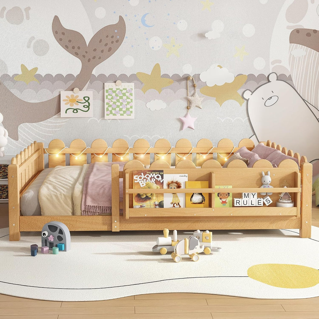 Bellemave Full Size Floor Bed with Rails and Slats, Full Size Montessori Floor Bed with Bookshelf, Fence and Lights, Low Profile Montessori Beds Frame for Girls, Boys, Light Natural