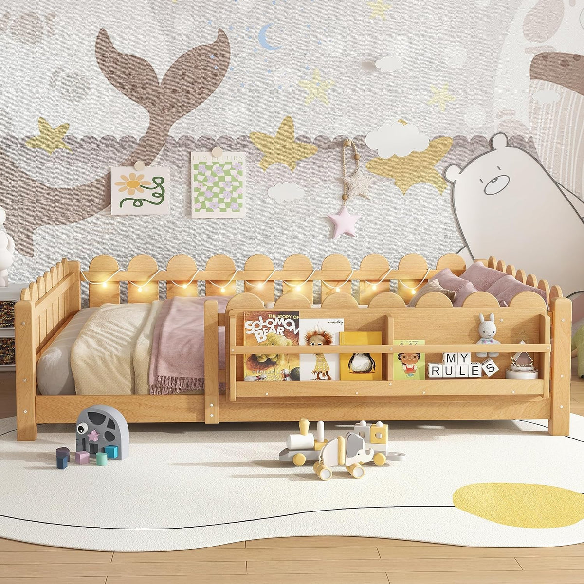 Bellemave Full Size Floor Bed with Rails and Slats, Full Size Montessori Floor Bed with Bookshelf, Fence and Lights, Low Profile Montessori Beds Frame for Girls, Boys, Light Natural