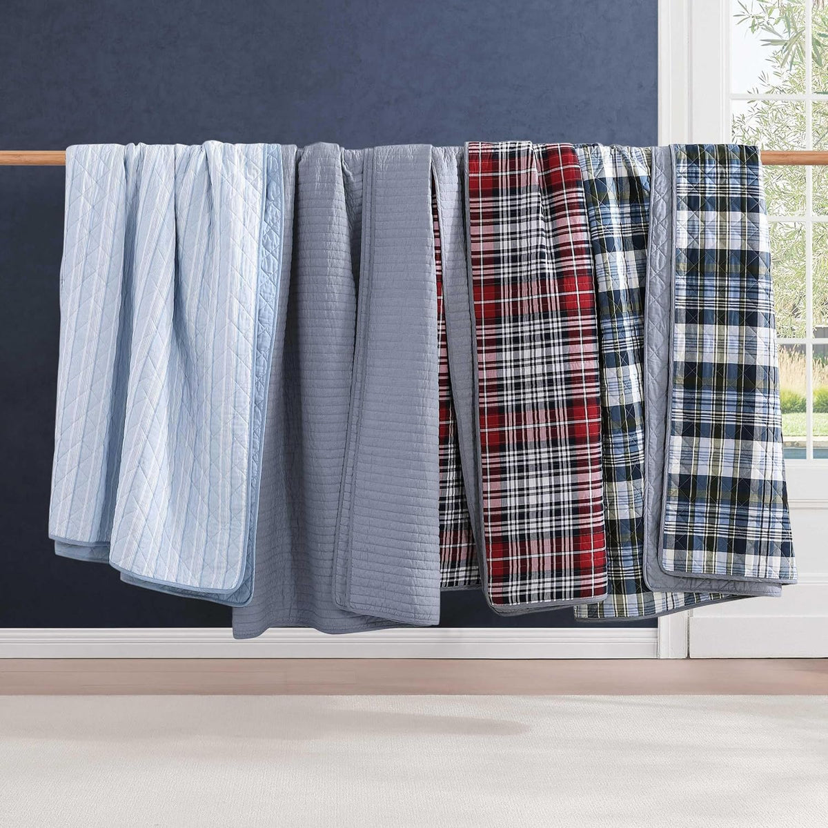 Tommy Hilfiger - Queen Quilt Set, Soft Cotton w/Breathable Feel, Lightweight Bedding for Year Round Comfort, 3 Piece Bed Set w/Matching Pillowcases (Collegiate Tartan Blue)