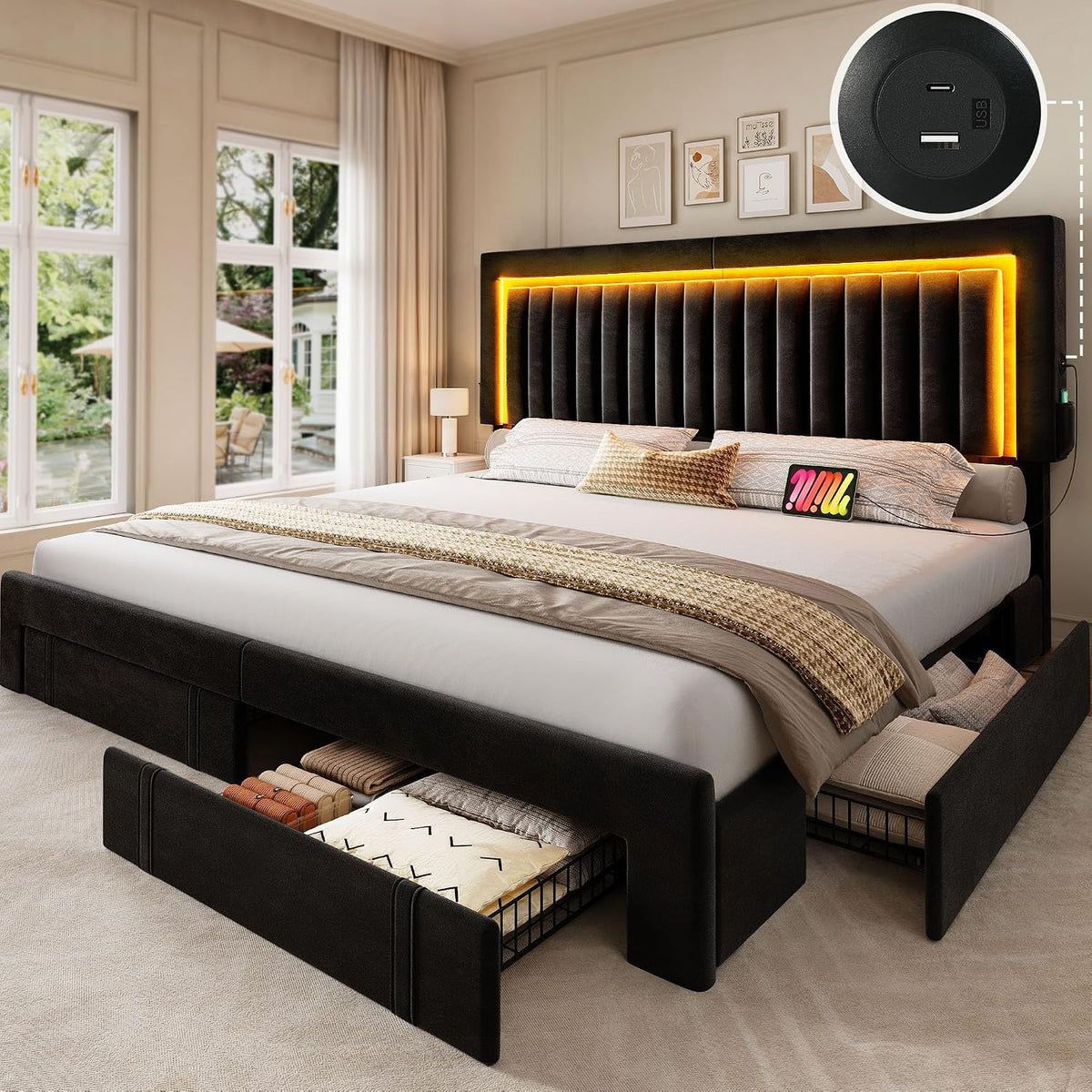 YITAHOME King Size Bed Frame with Adjustable Headboard, 4 Storage Drawers and RGB LED Lights, Velvet Upholstered Platform Bed with USB Ports, No Box Spring Needed, Fast Assembly, Noise-Free, Black