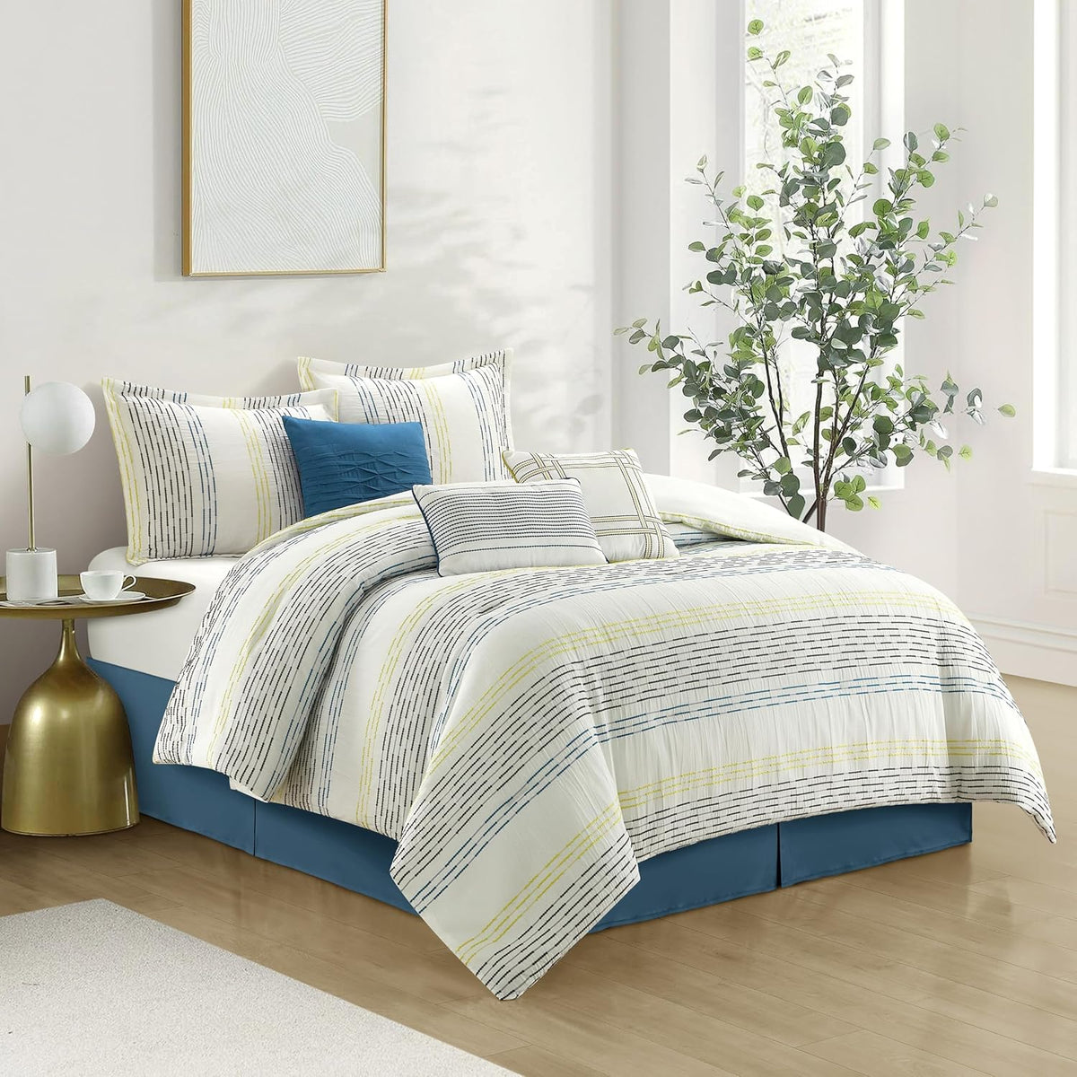 Stratford Park White Blue Comforter Set King Size, 7 Piece Geometric Jacquard Bedding Set, Matching Bedskirt, Pillows & Shams, Curtains