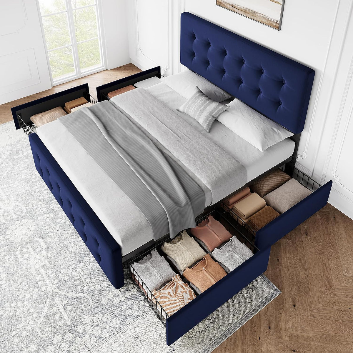 GarveeHome Full Size Bed Frame with 4 Storage Drawers and Velvet Upholstered Headboard, Wooden Slats Support, Button Tufted Design, No Box Spring Needed, Blue