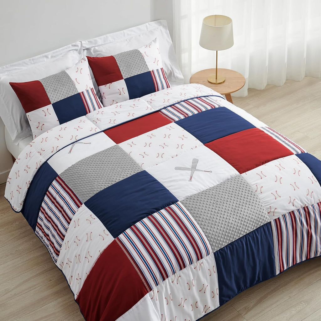 Sweet Jojo Designs 2-Piece Twin Comforter Set (Baseball Patch Sports) for Boys, Children, Kids Bedding, Bed in a Bag incl. Blanket & Pillow Sham (Patchwork, Base Ball, Stripe, Red, White & Blue, Grey)