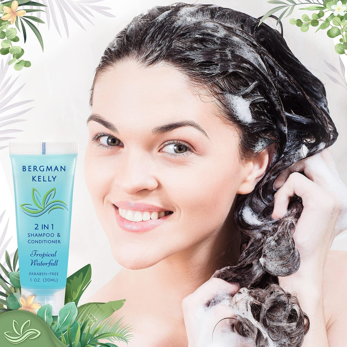 Bergman Kelly - Travel Size 2 in 1 Shampoo & Conditioner - 1 fl oz, 18000 PK, Tropical Waterfall - Delight Your Guests w/Invigorating & Refreshing Shampoo Amenities - Small Hotel Toiletries in Bulk