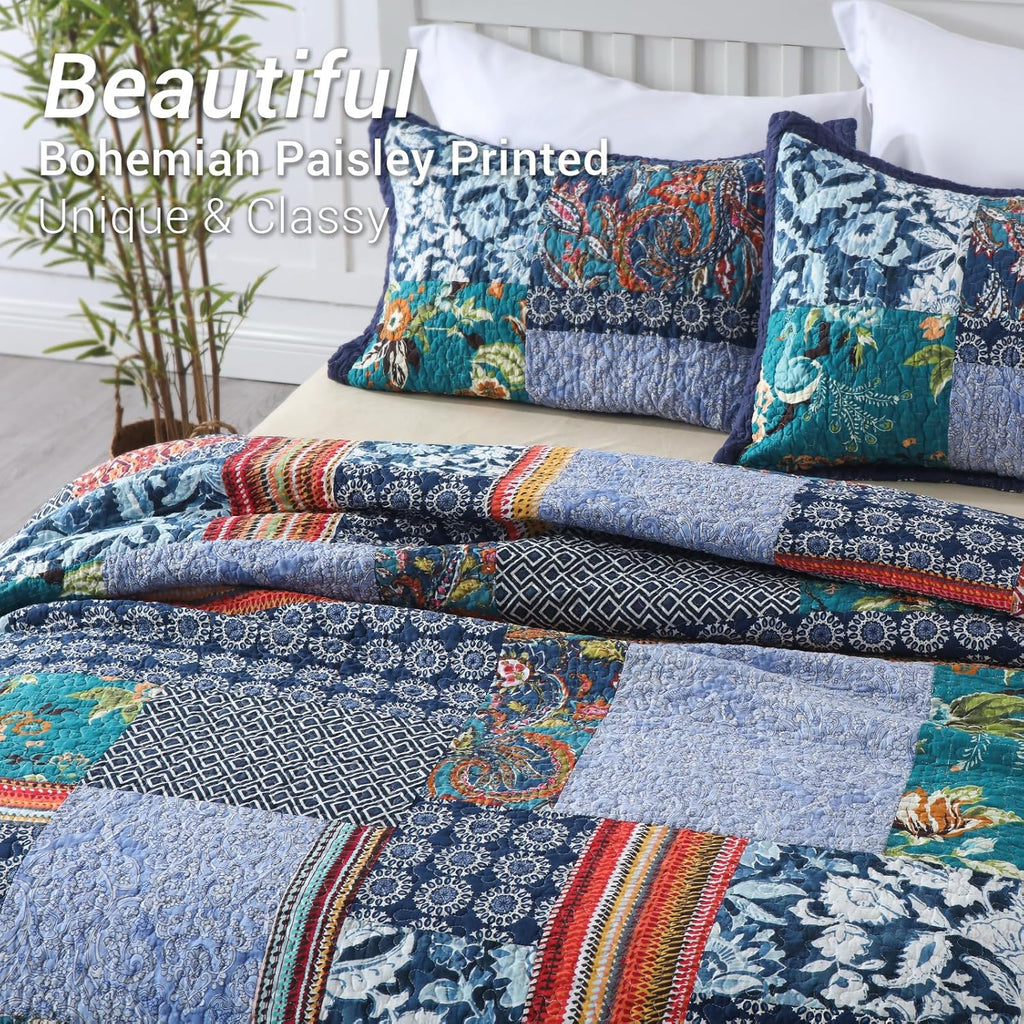 Yvooxny California King Quilt Set Reversible Lightweight Bohemian Paisley Patchwork Cotton Quilted Bedspread Coverlet Set 3-Piece Quilt Set with Pillowcases for All Seasons, 118 x 110 Inches