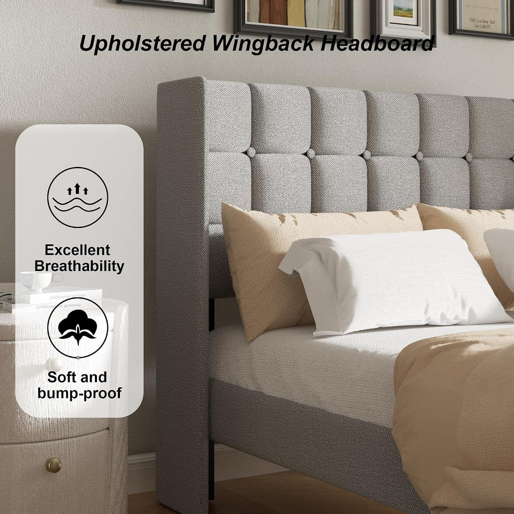 Full Size Bed Frame with Wingback Headboard, Velvet Upholstered Platform Bed Frame with Button Tufted Headboard, Wooden Slats Support, No Box Spring Needed, Easy Assembly, Light Grey