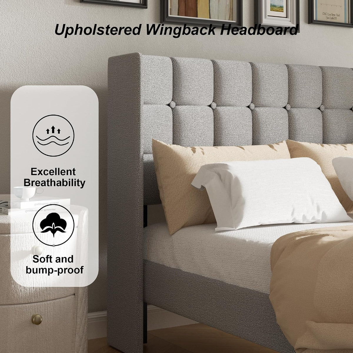 Full Size Bed Frame with Wingback Headboard, Velvet Upholstered Platform Bed Frame with Button Tufted Headboard, Wooden Slats Support, No Box Spring Needed, Easy Assembly, Light Grey