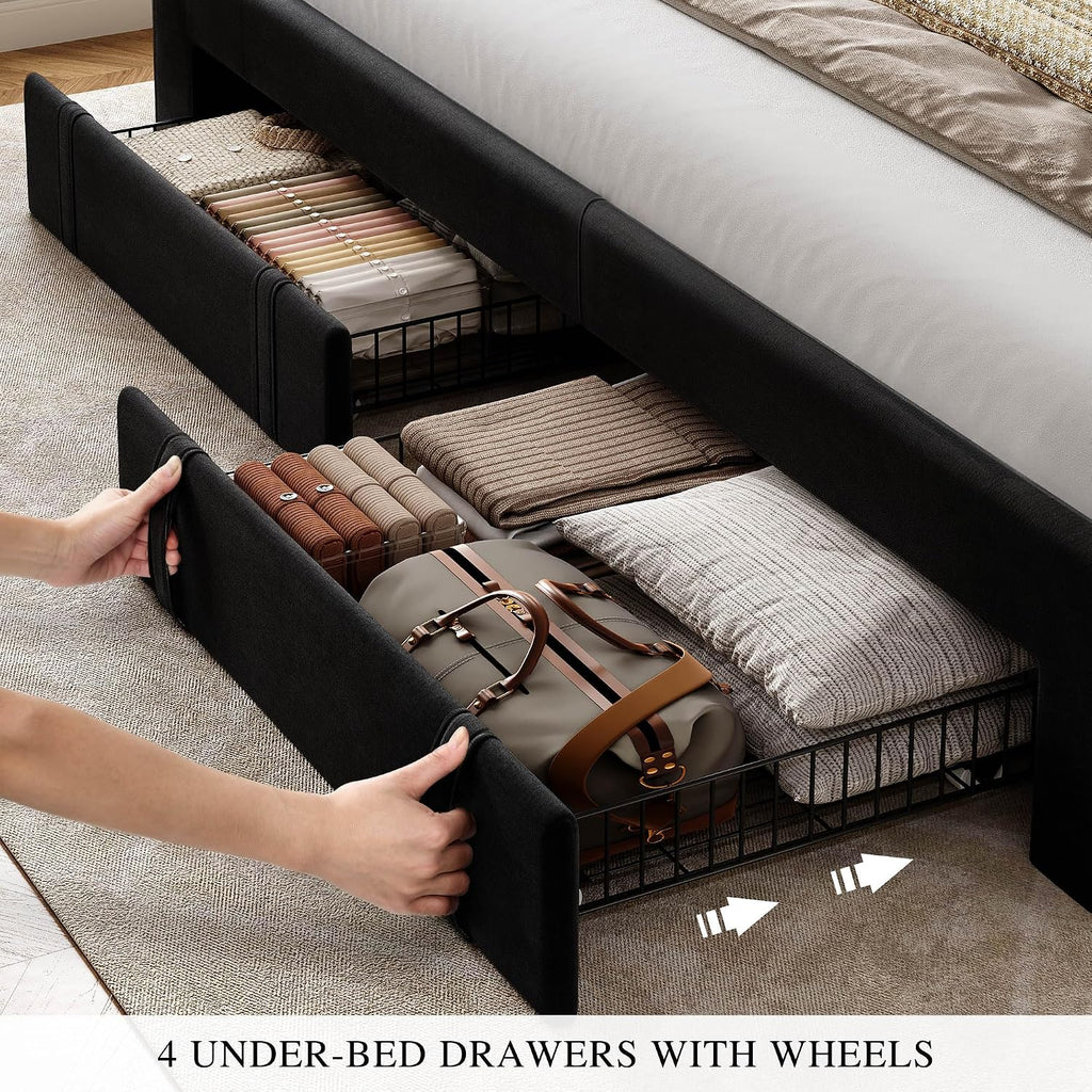 YITAHOME King Size Bed Frame with Adjustable Headboard, 4 Storage Drawers and RGB LED Lights, Velvet Upholstered Platform Bed with USB Ports, No Box Spring Needed, Fast Assembly, Noise-Free, Black