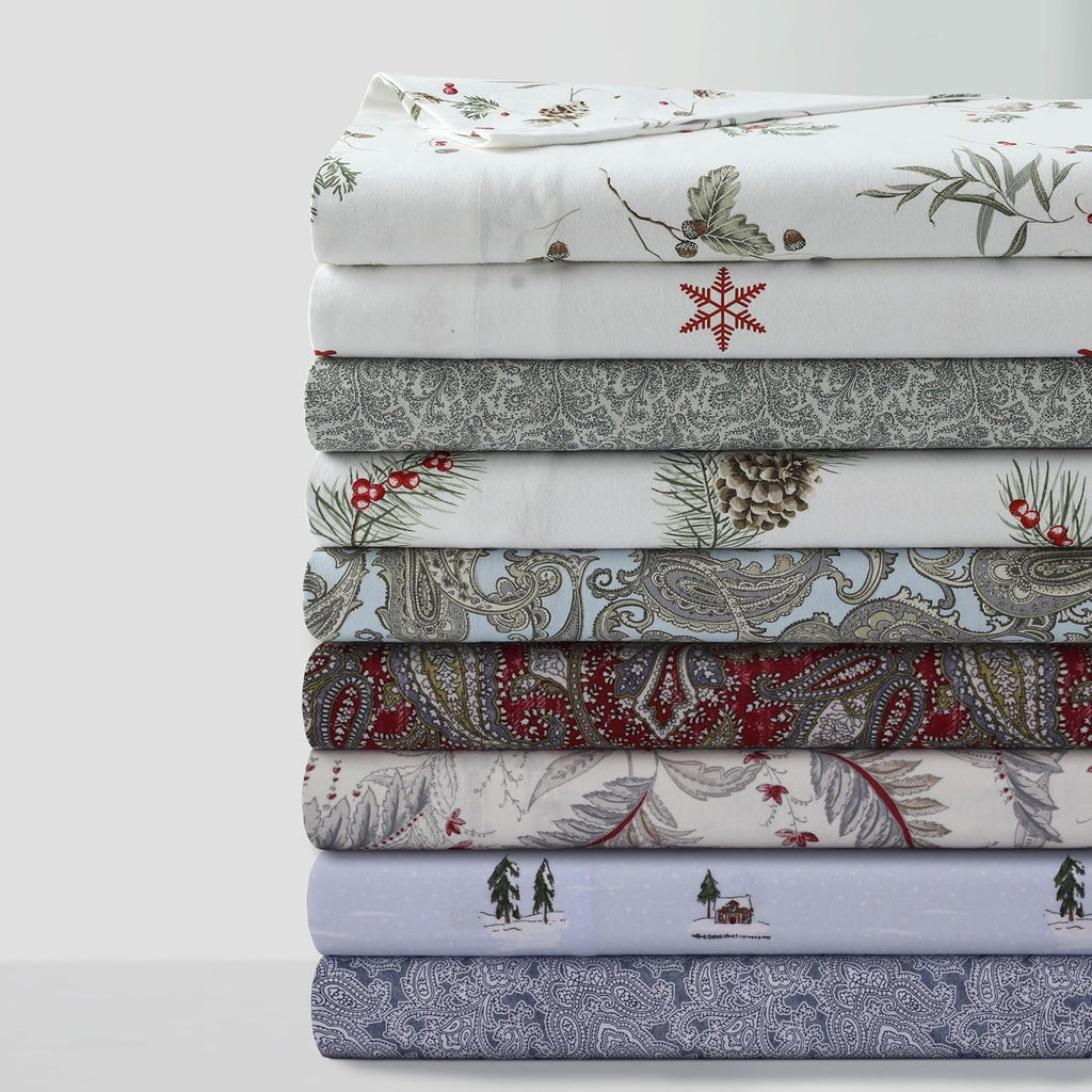 Tribeca Living Portuguese Cotton Flannel Sheets Queen Size - 170-GSM Deep Pocket Bed Sheet Set for Mattresses up to 21 Inches - 4 Piece Ultra-Soft Printed Bedding in Bella Grey