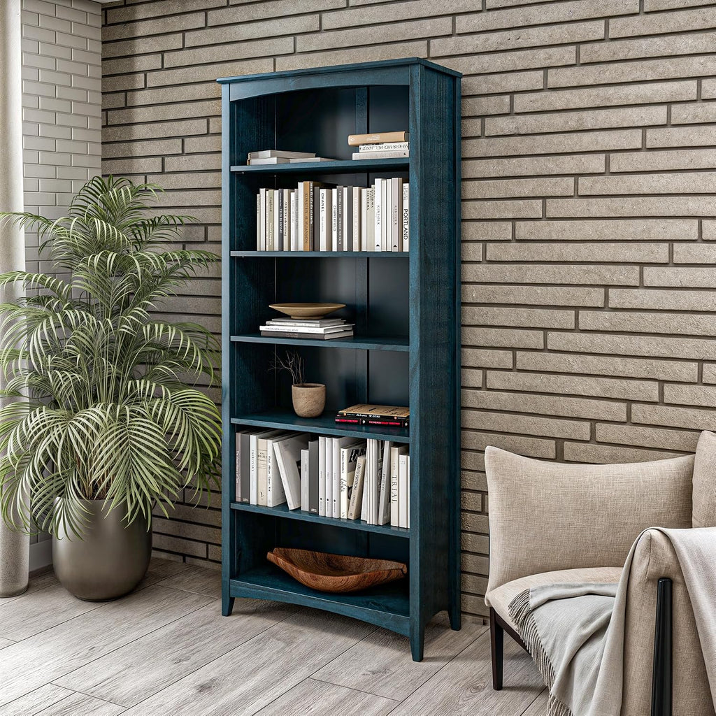 Camaflexi Shaker Style 6 Shelf Bookcase/Solid Wood / 72' High/Adjustable Shelving/Closed Back/Display Bookshelf for Living Room, Bedroom, Home and Office, Deep Ocean Blue