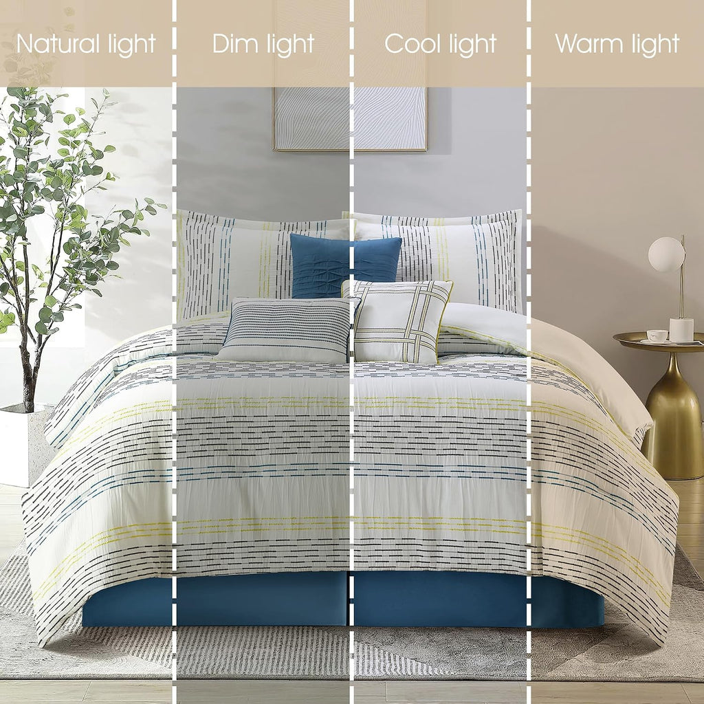 Stratford Park White Blue Comforter Set King Size, 7 Piece Geometric Jacquard Bedding Set, Matching Bedskirt, Pillows & Shams, Curtains