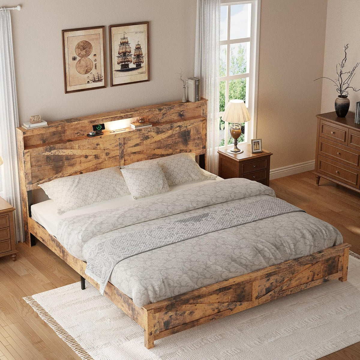 Farmhouse Wooden Bed Frame King Size with Storage Headboard, Boho Platform Bedframe with LED Lights and Charging Station, Metal Slats Support, No Box Spring Needed, Brown