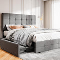 MUTICOR Queen Size Bed Frame with 4 Storage Drawers, Upholstered Platform Bed with Button Tufted Adjustable Headboard, No Box Spring Needed, Easy Assembly, Square Tufted, Light Grey Fabric
