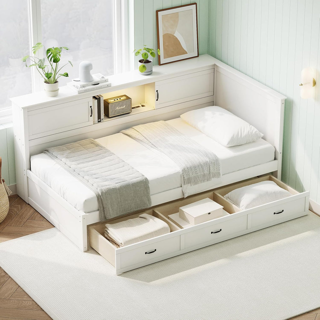 Merax Corner Bed Frame with Storage Bookcase and LED Lights,Twin Platform Bed Frame with Headboard and Charging Station, Twin Daybed with Storage Drawer, Pure White