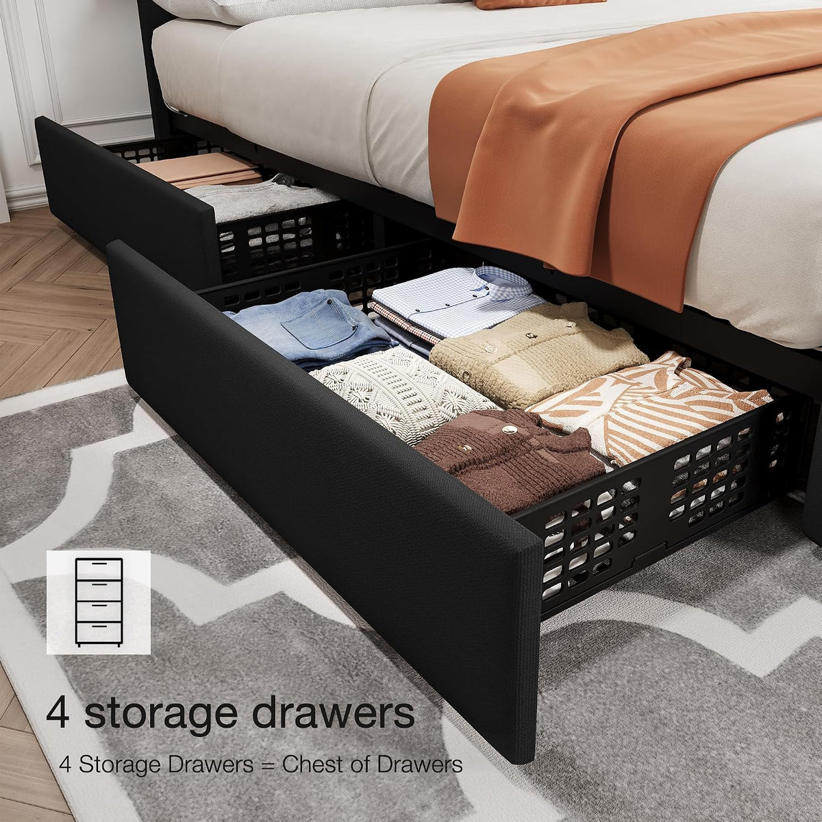 GarveeHome Full Size Bed Frame with 4 Storage Drawers and Adjustable Headboard, Linen Upholstered Platform Beds, Diamond Stitched Button Tufted, No Box Spring Needed, Black