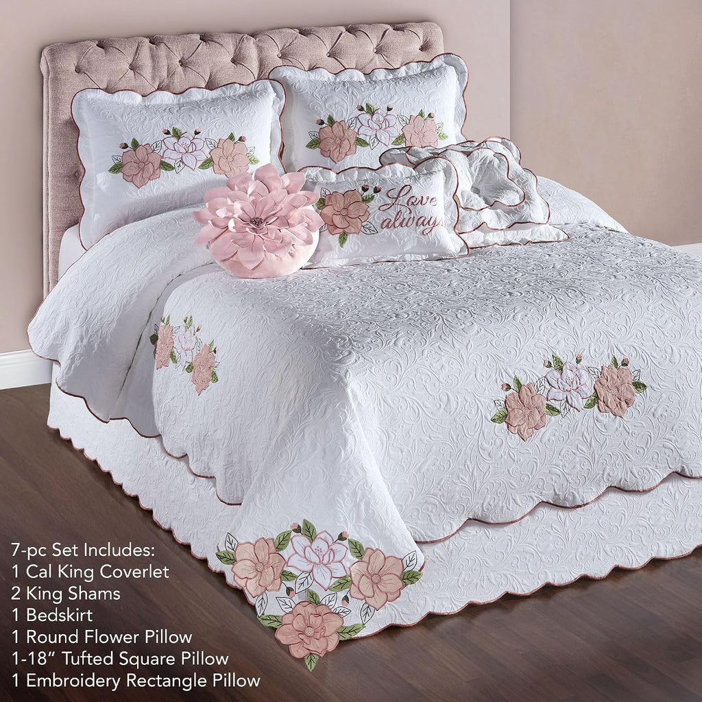 Lovington Floral Luxury Matelasse Bedding | Pink and White Velvet Flower Appliques | 7-Pc Textured Scroll Lightweight Bed Set: Oversized Cal King Coverlet, Bedskirt, 2 King Shams, & 3 Accent Pillows