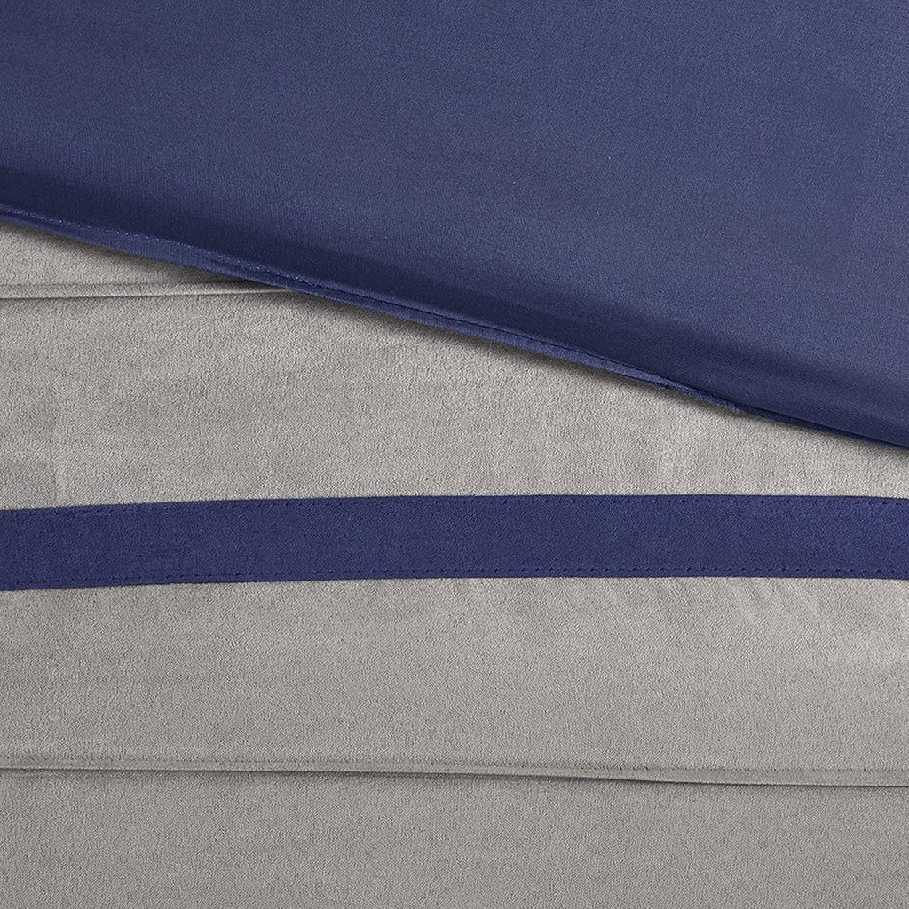 Madison Park Palmer Comforter Set-Luxury Faux Suede Design, Striped Accent, All Season Down Alternative Bedding, Matching Shams, Decorative Pillow, Bed Skirt, King (104 in x 92 in), Blue 7 Piece