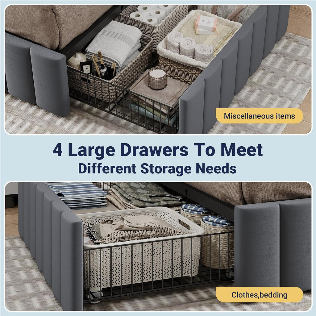 Allewie Queen Size Platform Bed Frame with 4 Large Storage Drawers, Velvet Vertical Channel Tufted Upholstered Bed Base, Wooden Slats Support, Noise-Free, No Box Spring Needed, Easy Assembly, Grey