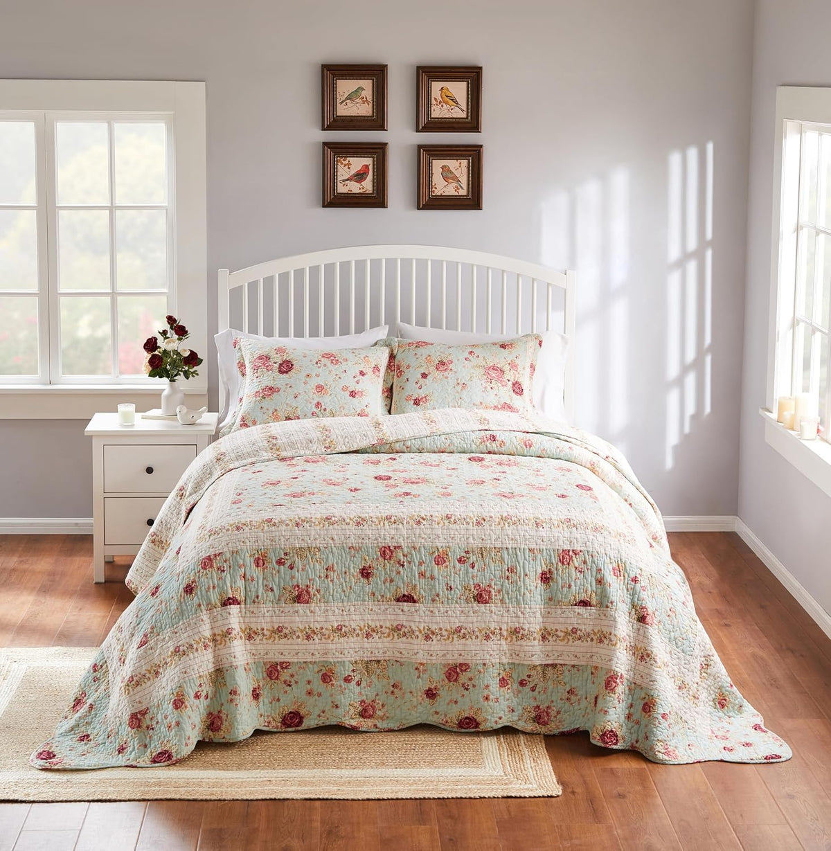 Greenland Home Antique Rose Jumbo Oversized 100% Cotton Bedding Set, Bedspread 110 W x 118 L with 2 Shams 20 W x 26 L Each, Queen (3 Piece), Blue