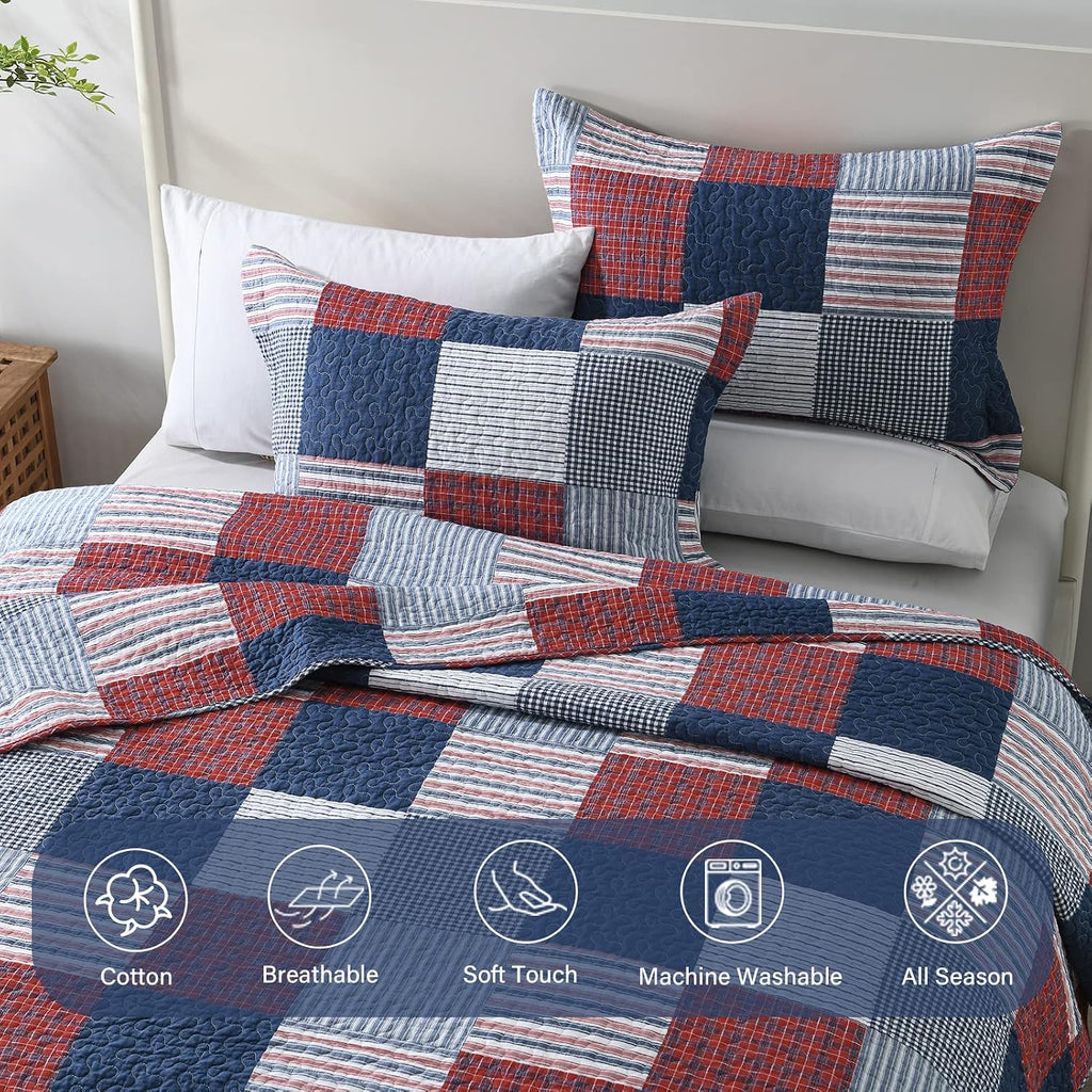 Finlonte Quilt King Size - 100% Cotton King Size Comforter Set Blue Red White Plaid Farmhouse Quilt Bedding Set, Reversible Lightweight Soft Bedspread, Quilted Coverlet All-Season, 3-Piece