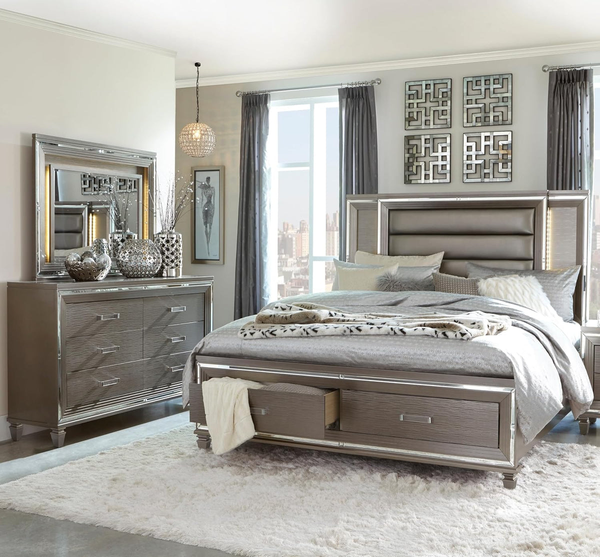3pc LED Light Bedroom Set King Size Platform Bed Upholstered Headboard Silver Gray Finish Wooden Furniture