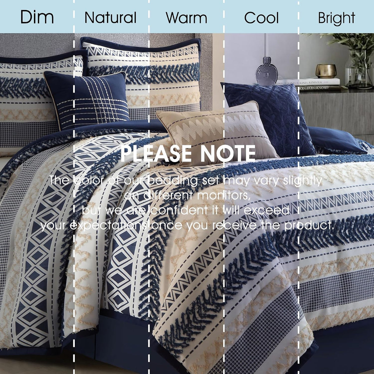 LANCO MODERN LIFESTYLE California King Comforter Set 7 Piece, Navy, Waffle Clipping and Sateen Jacquard Weave, Soft and Lightweight Bedding Set for All Seasons, Bedskirt, Shams and Decor Pillows