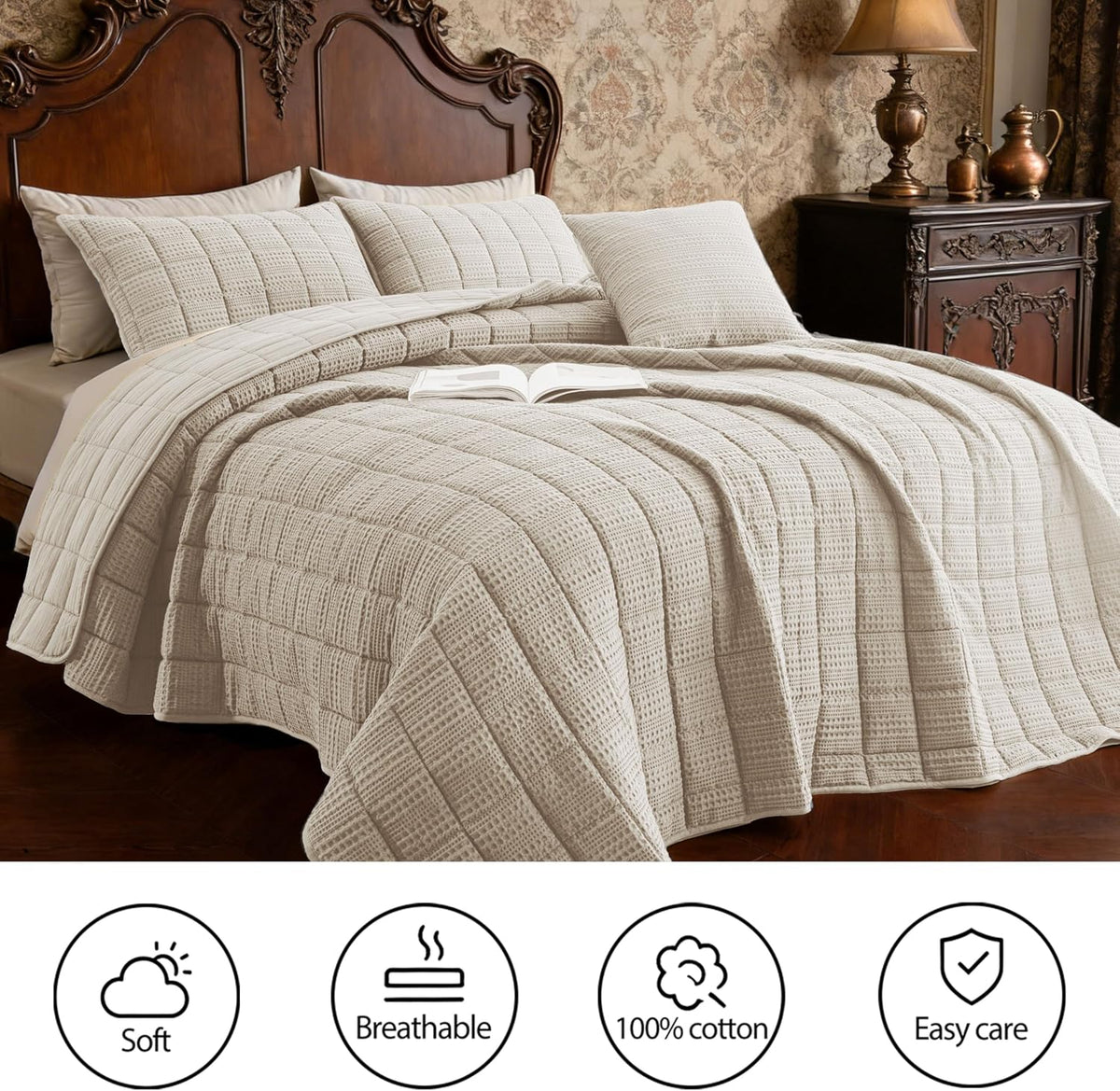 98x106 Cotton Quilt Bedding Set King Size Quilted Bedspread Sets with 2 Shams,3 Pieces Lightweight Soft Bedding Sets for All Season,Khaki