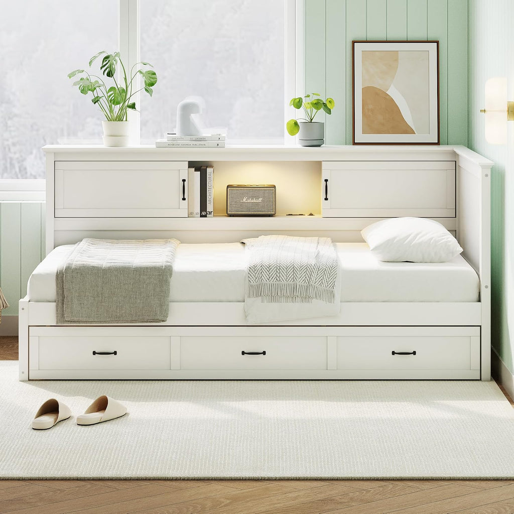 Merax Corner Bed Frame with Storage Bookcase and LED Lights,Twin Platform Bed Frame with Headboard and Charging Station, Twin Daybed with Storage Drawer, Pure White