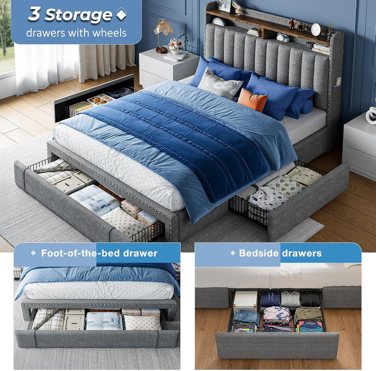 EnHomee Full Size Bed Frame with 2-Tier Storage Headboard & 3 Drawers Upholstered Platform Bed Frame Full with Wooden Slats Support, No Box Spring Needed, Grey