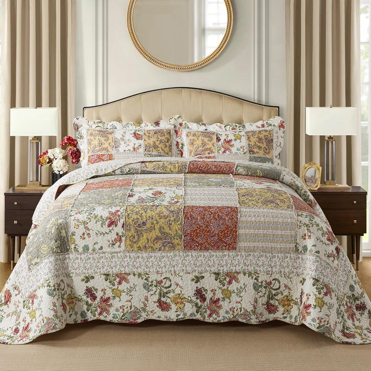 Etwel 100% Cotton Patchwork King Size Quilt Set - Lightweight Breathable Reversible Bedspread for Hot Sleepers, Farmhouse Floral Bedding Set with 2 Pillow Shams for All Season (106'x94', Beige Floral)