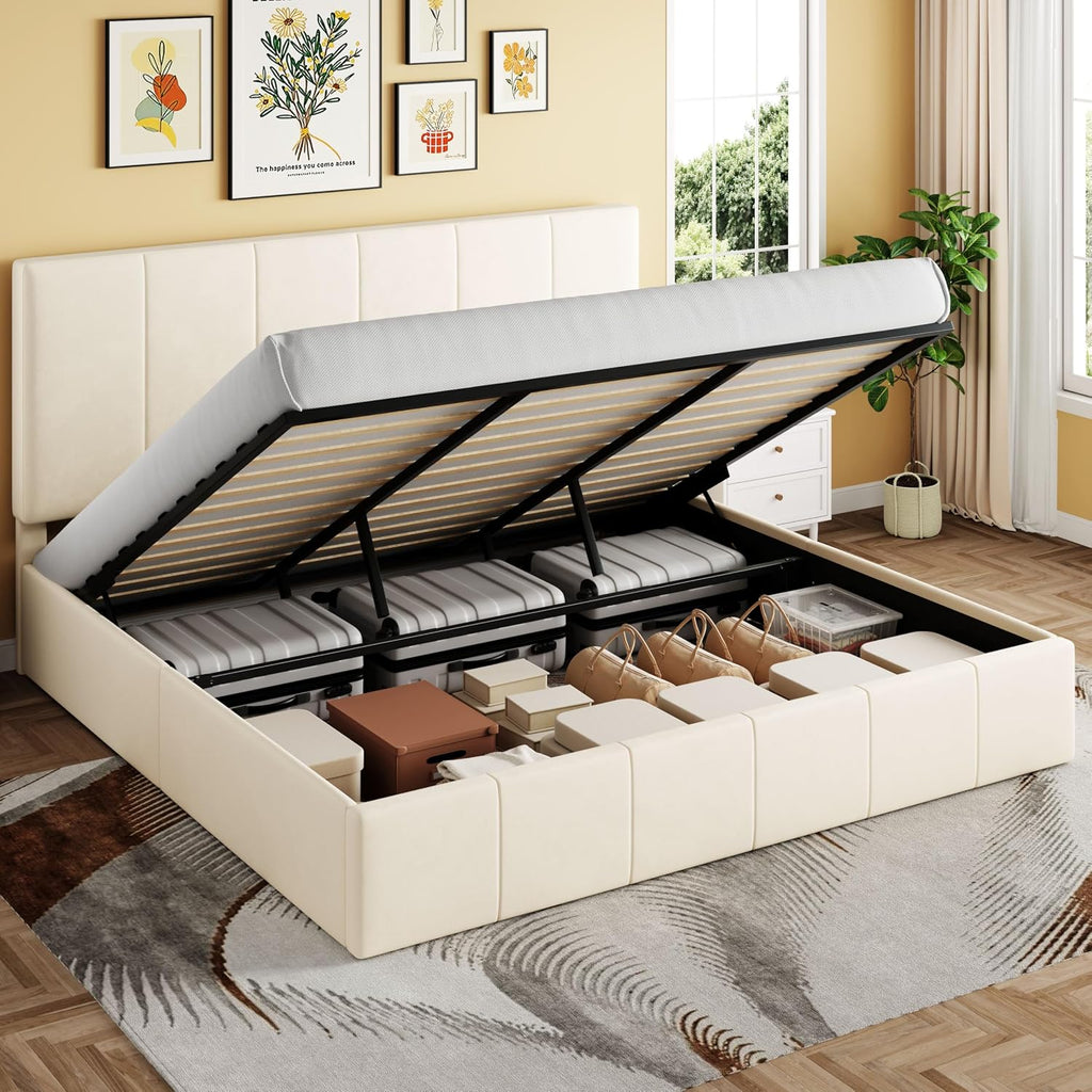 SHA CERLIN King Size Lift Up Storage Bed Frame, Adjustable Headboard, Hydraulic Support, Velvet Upholstered, Easy Installation, No Box Spring Needed, Cream