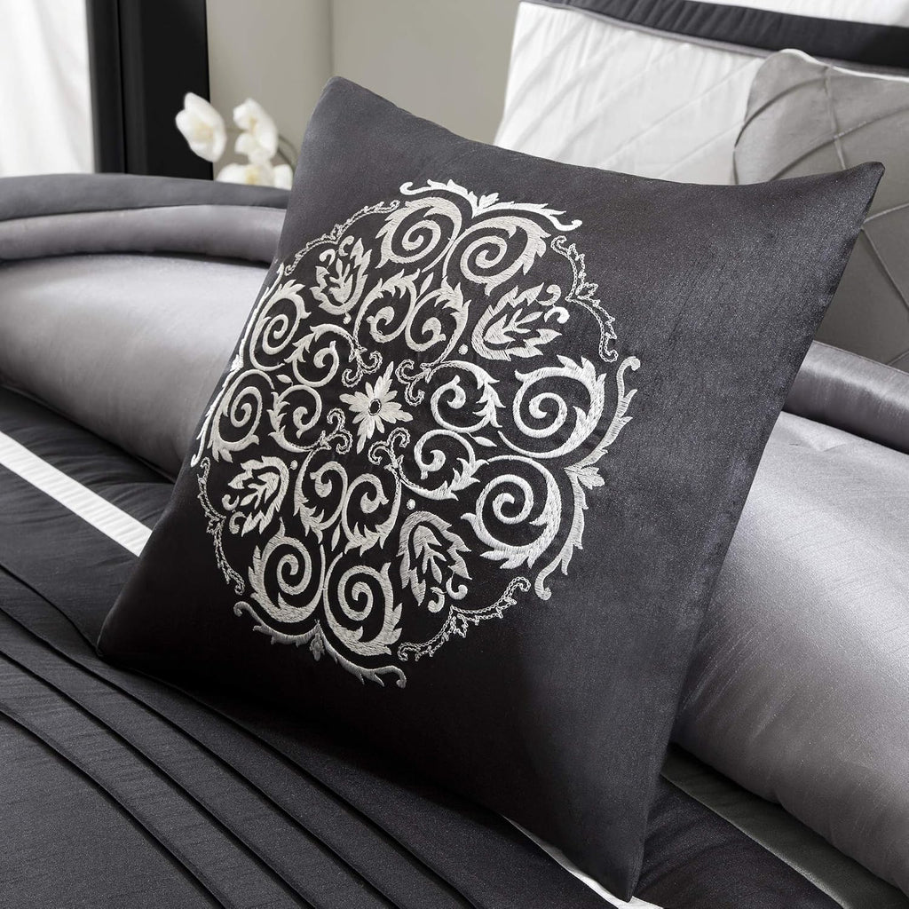 Madison Park Blaire Cozy Comforter Set-Luxurious Faux Silk Traditional Pieced Design All Season Down Alternative Bedding with Matching Shams, Decorative Pillow, Queen (90 in x 90 in), Grey 7 Piece