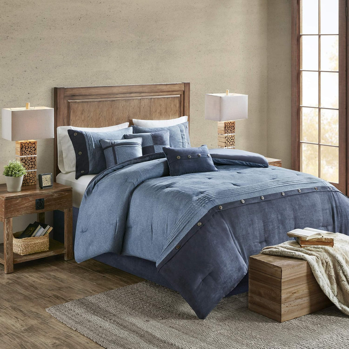 Madison Park Boone Cozy Comforter Set, Faux Suede, Deluxe Hotel Styling All Season Down Alternative Bedding Matching Shams, Decorative Pillow, King (104 in x 92 in), Rustic Dark Navy 7 Piece