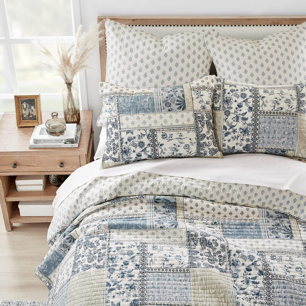 Levtex Home - Aliza Quilt Set - Full/Queen Quilt and Two Standard Shams - Printed Patchwork - Blue, Navy, Taupe and Cream - Quilt (88x92in.) and Shams (20x26in.) - Reversible - Cotton
