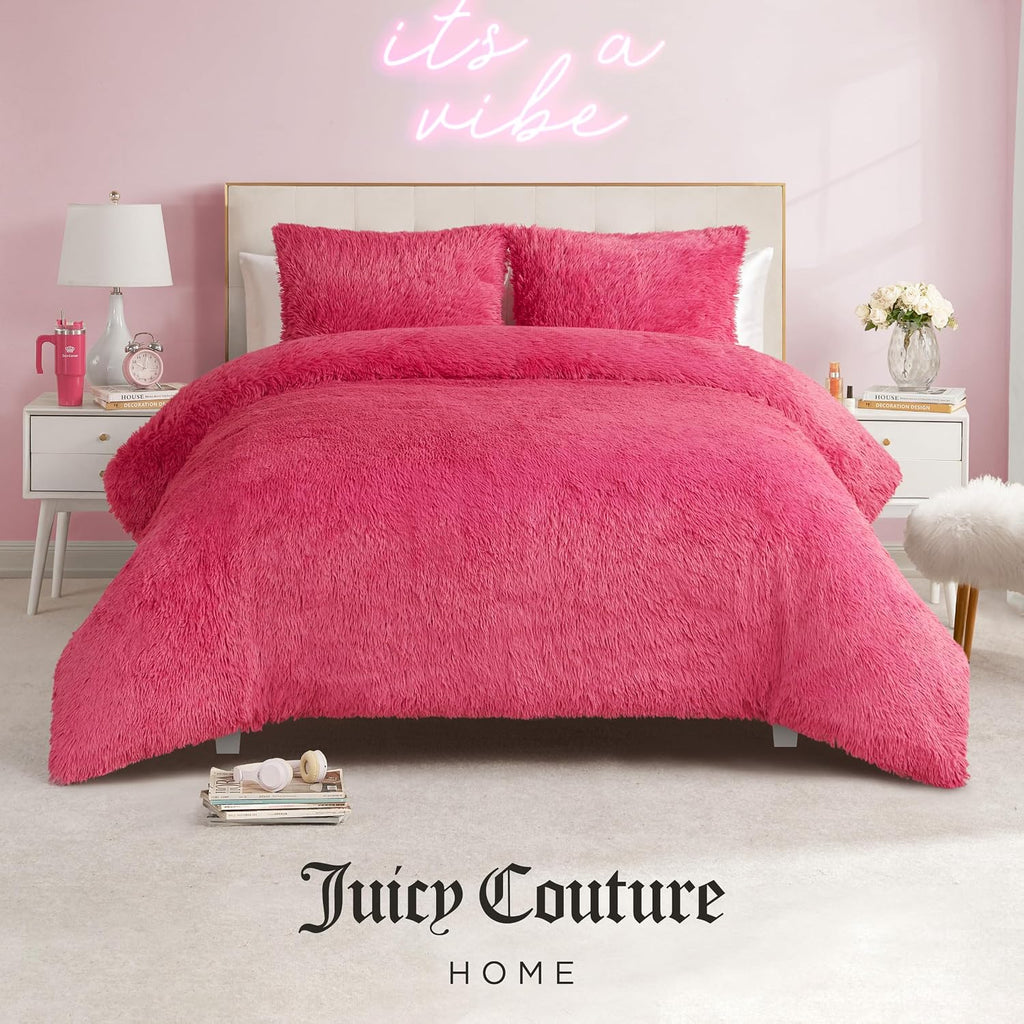Juicy Couture Shaggy Faux Fur Hot Pink Full/Queen Comforter Set - Soft and Cozy 3-Piece Machine Washable Bedding Comforter and Sham Set