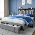 EnHomee Full Size Bed Frame with 2-Tier Storage Headboard & 3 Drawers Upholstered Platform Bed Frame Full with Wooden Slats Support, No Box Spring Needed, Grey