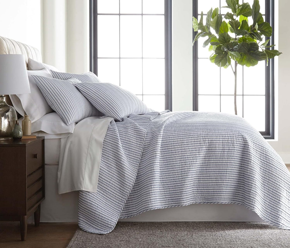 Levtex Home Tobago Stripe Blue Reversible King/Cal King Quilt Set (106x92in) and 2 Pillow Shams (36x20in) - Striped - Blue, White - Cotton King Size Quilt Bedding Set - Lightweight, Soft, Pre-Washed