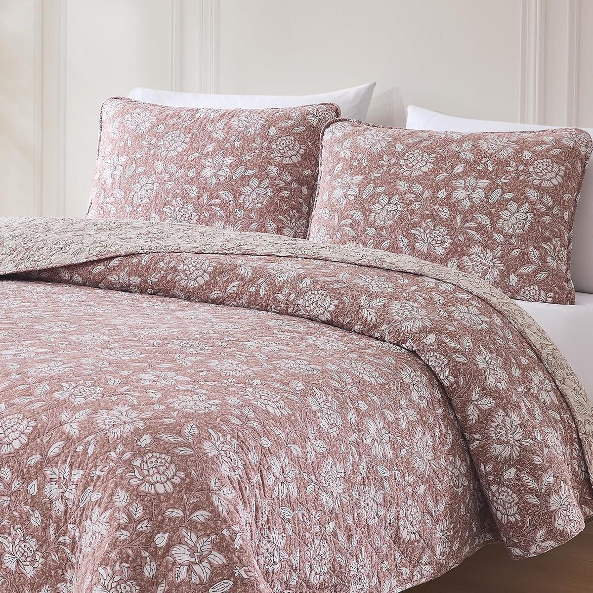 Lush Decor Zara Floral Block Reversible Cotton Quilt 3 Piece Set King/Cal King Terracotta - Floral Bedding Set - Block Print Quilt - Vintage Coquette Decor