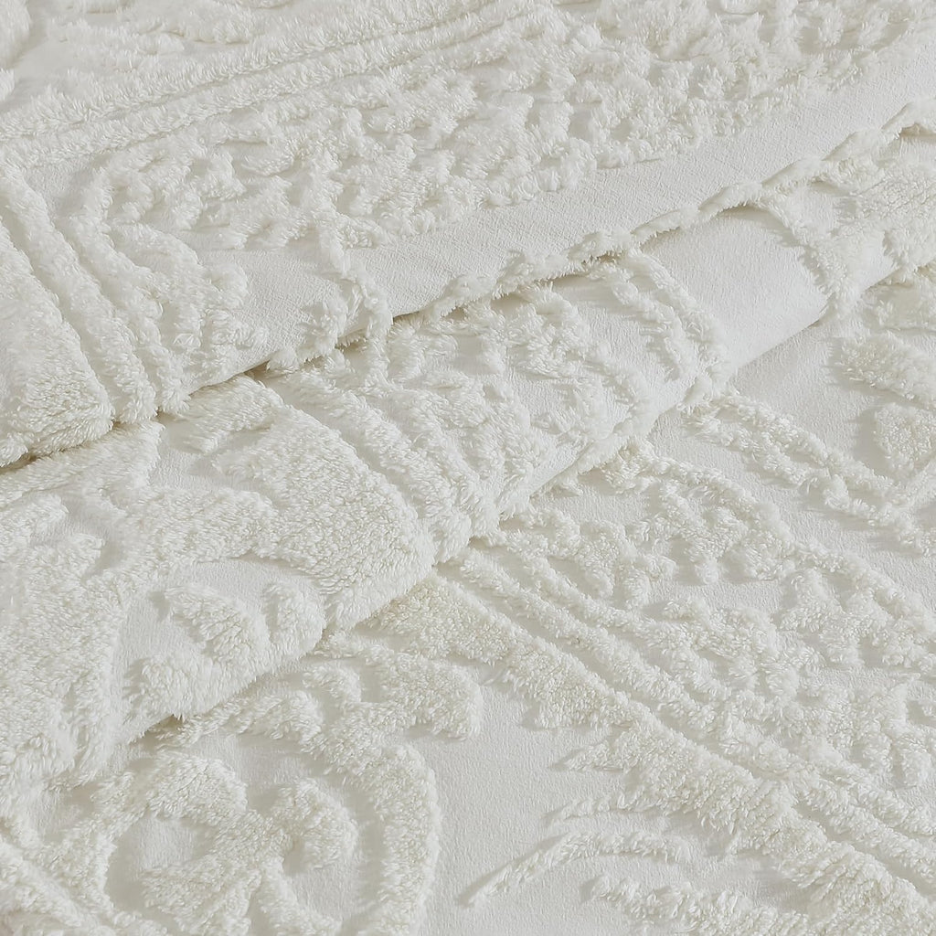 Beatrice Home Fashions Medallion Tufted Chenille Comforter 3-Piece Set, Cotton, All Season Cozy Bedding, Queen, Ivory
