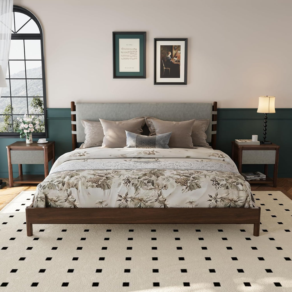 King Bedroom Set, King Size Platform Bed Frame with 2 Bedside Tables and Headboard Included, Mid Century Modern Wood Bed Frames, Slat Support (Light Gray + Walnut, King)