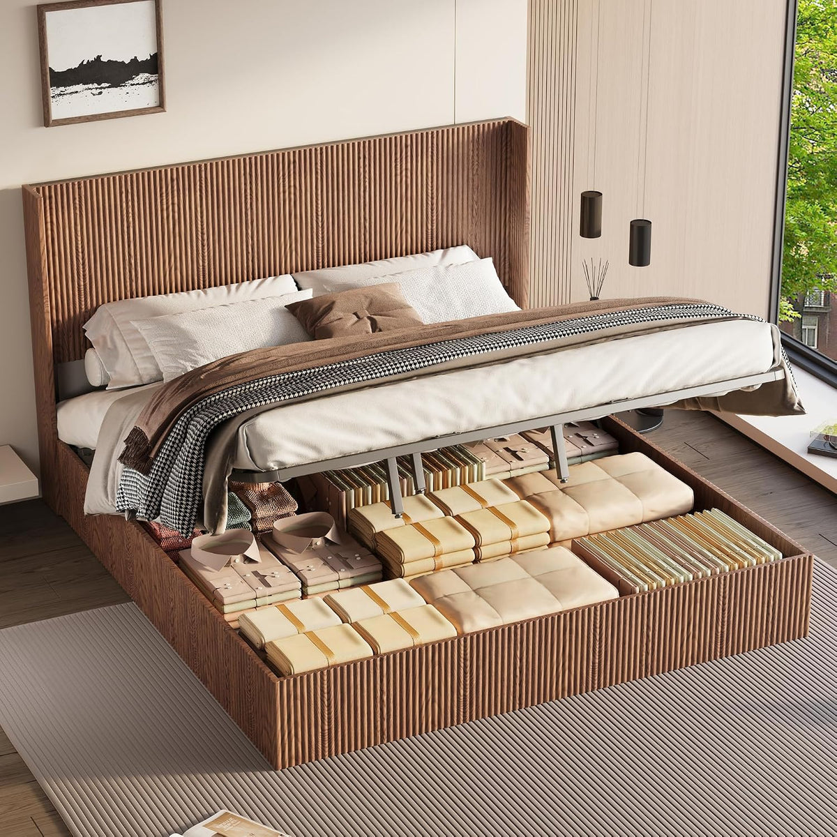 Lift Up Storage Bed King Size, King Bed Frame with Headboard and Lift Storage System, Wood Headboard with Wing-Back and Convex Groove Board Design