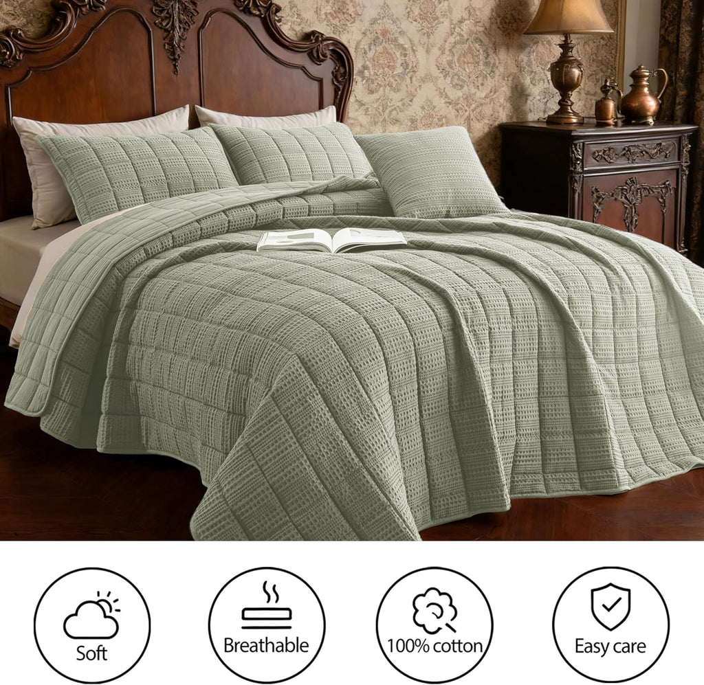 120x128 Cotton Quilt Bedding Set Oversized King Size Quilted Bedspread Sets with 2 Shams,3 Pieces Lightweight Soft Bedding Sets for All Season,Green