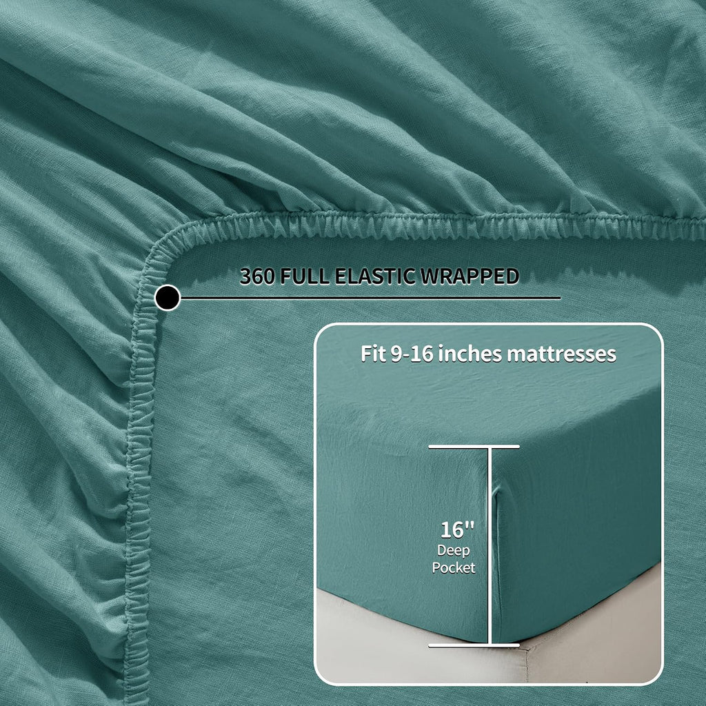 LBRO2M 100% Pure Linen Sheet Set Deep Pocket Up to 16' Bed Sheets Sets, Natural Flax Beddings Soft, Breathable, Comfortable for All Seasons Twin Size, Aqua