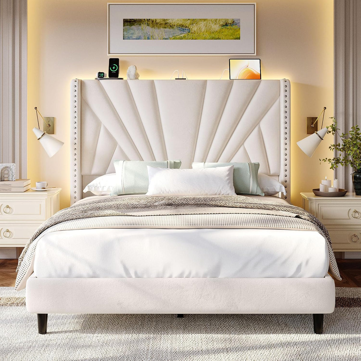 EnHomee Full Size Bed Frame with 51' Tall Velvet Wingback Headboard, LED Lights, and Charging Station, Noise-Free Platform Bed with Spacious Underbed Space, Beige