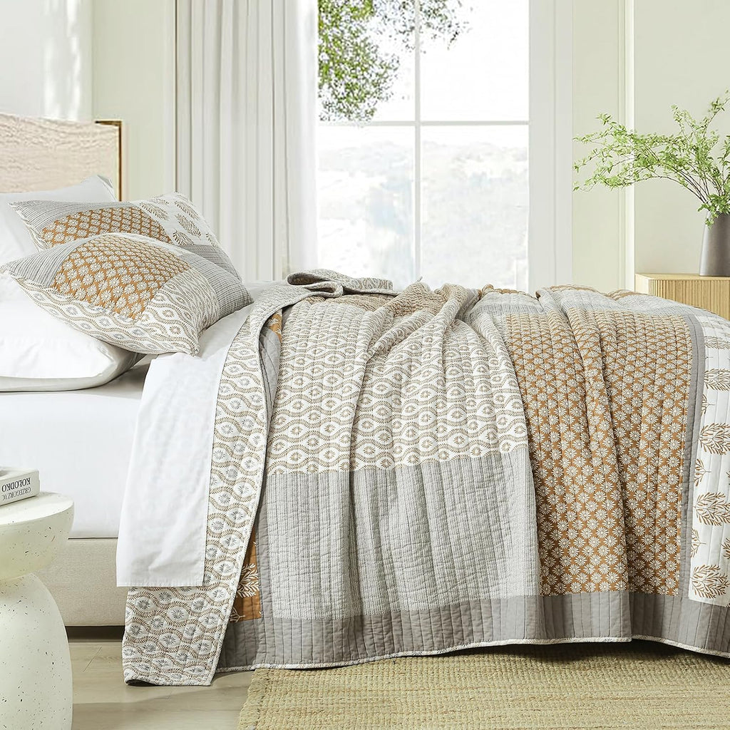 Finlonte Quilts Queen Size, 100% Cotton Queen Comforter Set, Brown Grey Farmhouse Quilted Bedspread, Patchwork Lightweight Reversible Quilt Bedding Set for Queen Bed, 3-Pieces