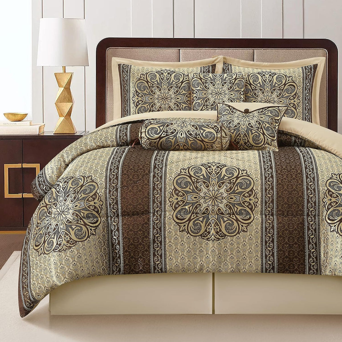 LANCO MODERN LIFESTYLE King Size Comforter Set, Brown Medallion Jacquard Design, Luxurious Bohemian 7 Pieces Bedding Set with Decorative Pillows and Bed Skirt