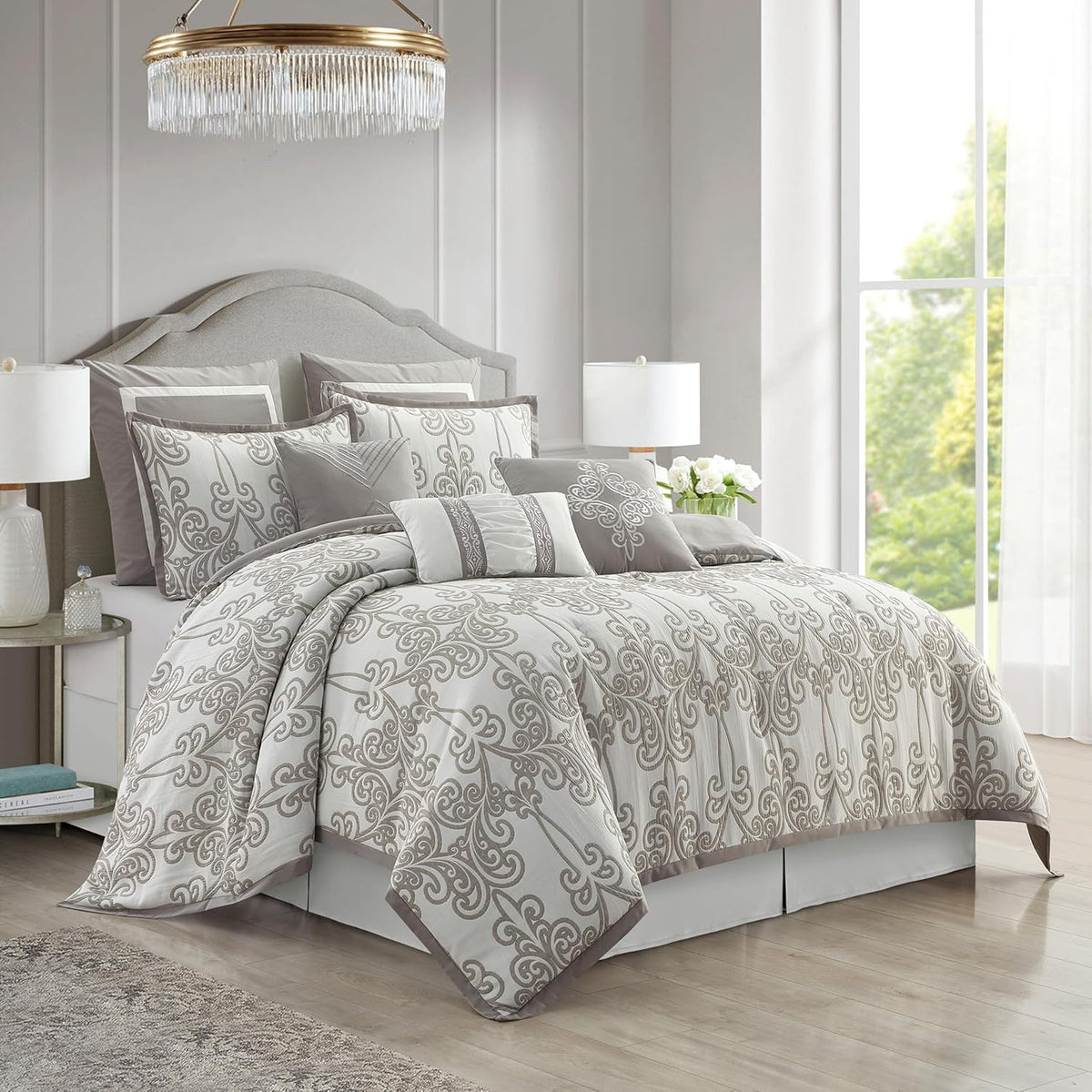 Stratford Park Smoke Grey Comforter Set King Size, 9 Piece Jacquard Floral Bedding Set, All Season, Ultra-Soft, Matching Pillows & Shams, Bed Skirt