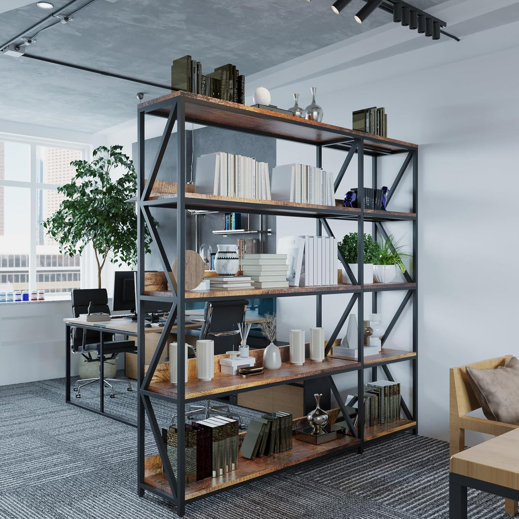 Corner Bookshelf with Light, Indoor Plant Bookcase with Grow Light L Shaped 5 Tier Tall Corner Shelf LED Display Shelves, Vintage Industrial Rotating Bookshelves Metal and Wood Book Shelf